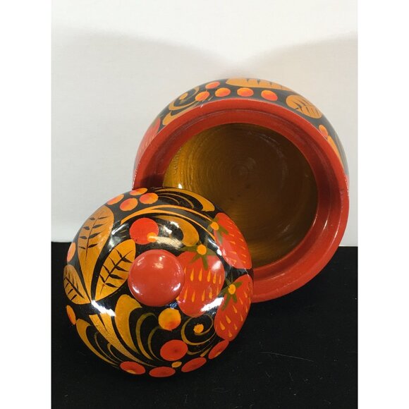 Vintage Russian Khokhloma Lacquered Wood Jar with Lid Painted Red Black - Picture 8 of 10